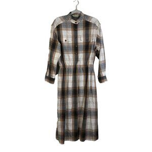 Eddie Bauer S Maxi Dress Long Sleeve Brown Beige Plaid Prairie Flap Pockets